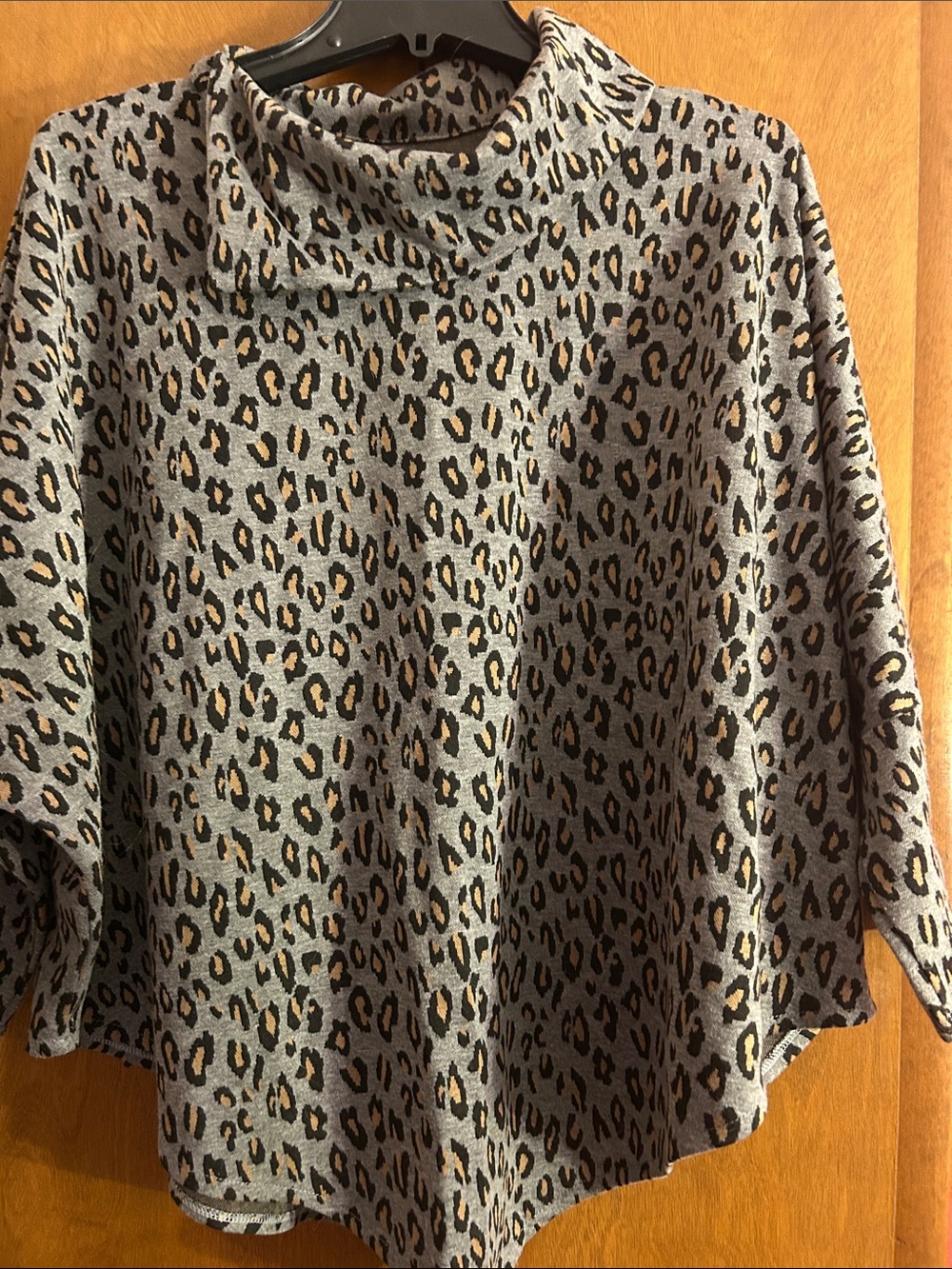 Gray Leopard Print Poncho Top with Gold Accents